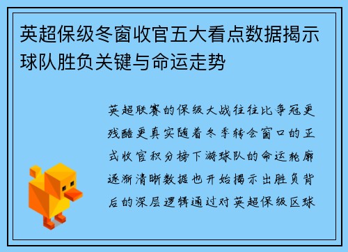 英超保级冬窗收官五大看点数据揭示球队胜负关键与命运走势 英超保级冬窗收官五大看点数据揭示球队胜负关键与命运走势